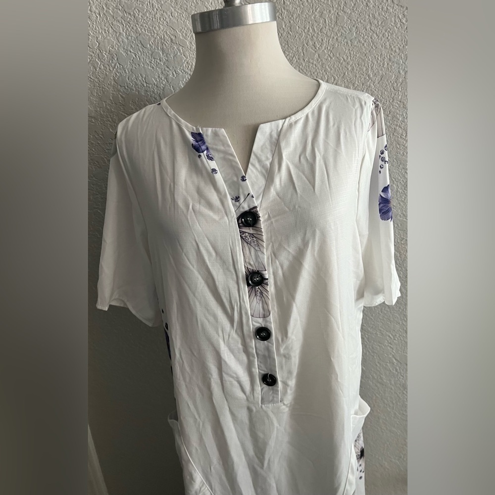 C.O.Z.Y white w purple flowers long house coat dress / nightgown loungewear XL - Picture 2 of 5